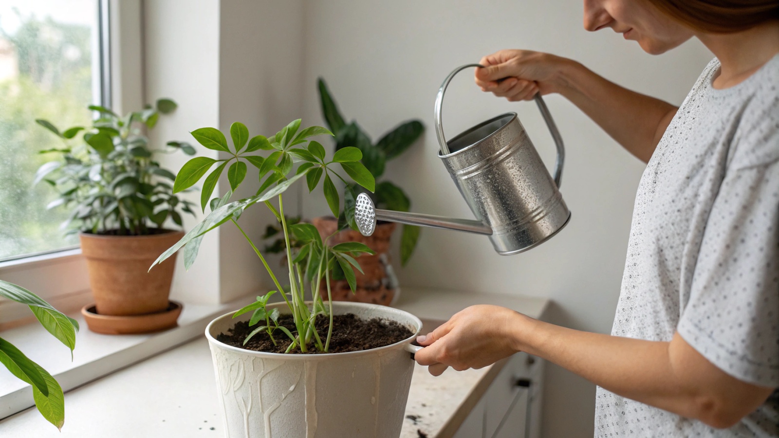 Pessoa regando uma planta em vaso com cuidado