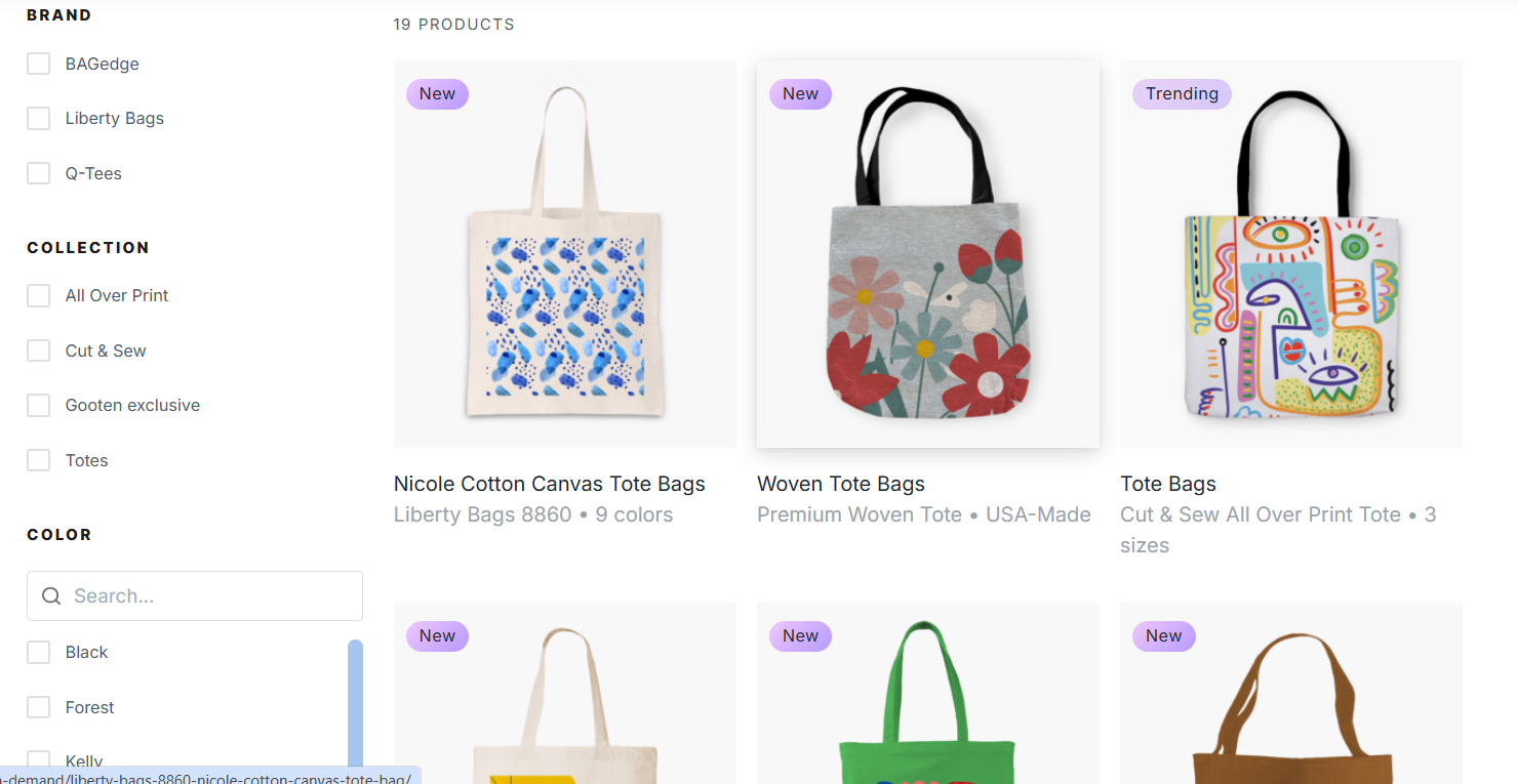Gooten product range and customization options
