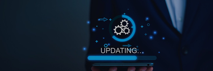 An image of progress bar with text ‘Updating’ representing an software upgrade or system maintenance