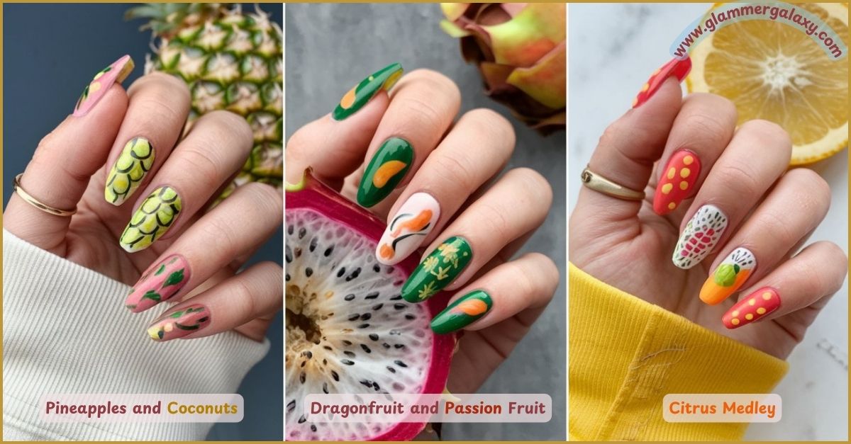 Three hands with nails painted to resemble tropical fruits; pineapples, dragonfruit, passion fruit, and citrus.