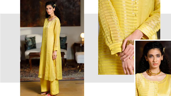 Yellow Organza Zari Woven Stripe Festive Co-Ord Set
