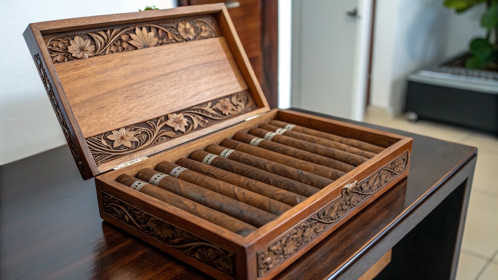 Intricately designed box of premium cigars