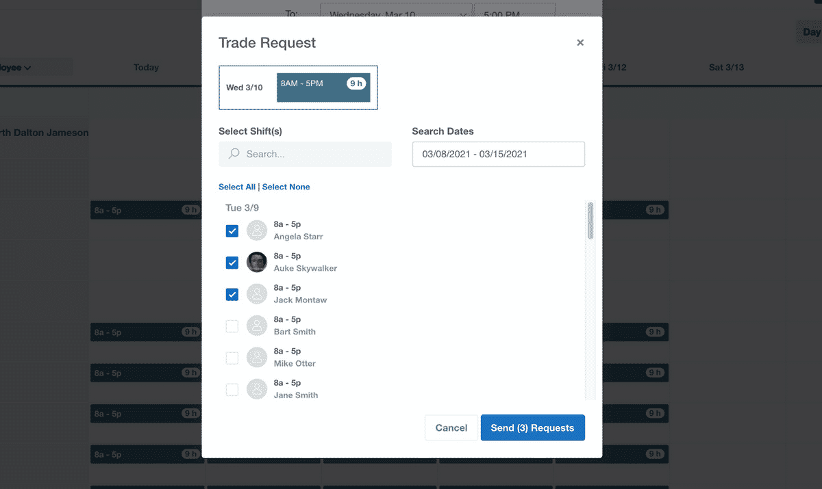 Employees can request trade shifts right in the app. 