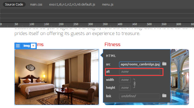 Quick Property Inspector with five fields: src, alt, width, height, and link.