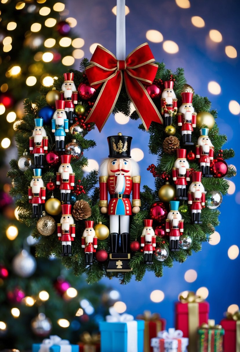 A Nutcracker-themed wreath adorned with traditional Christmas elements and vibrant colors, set against a festive backdrop of twinkling lights and holiday decor