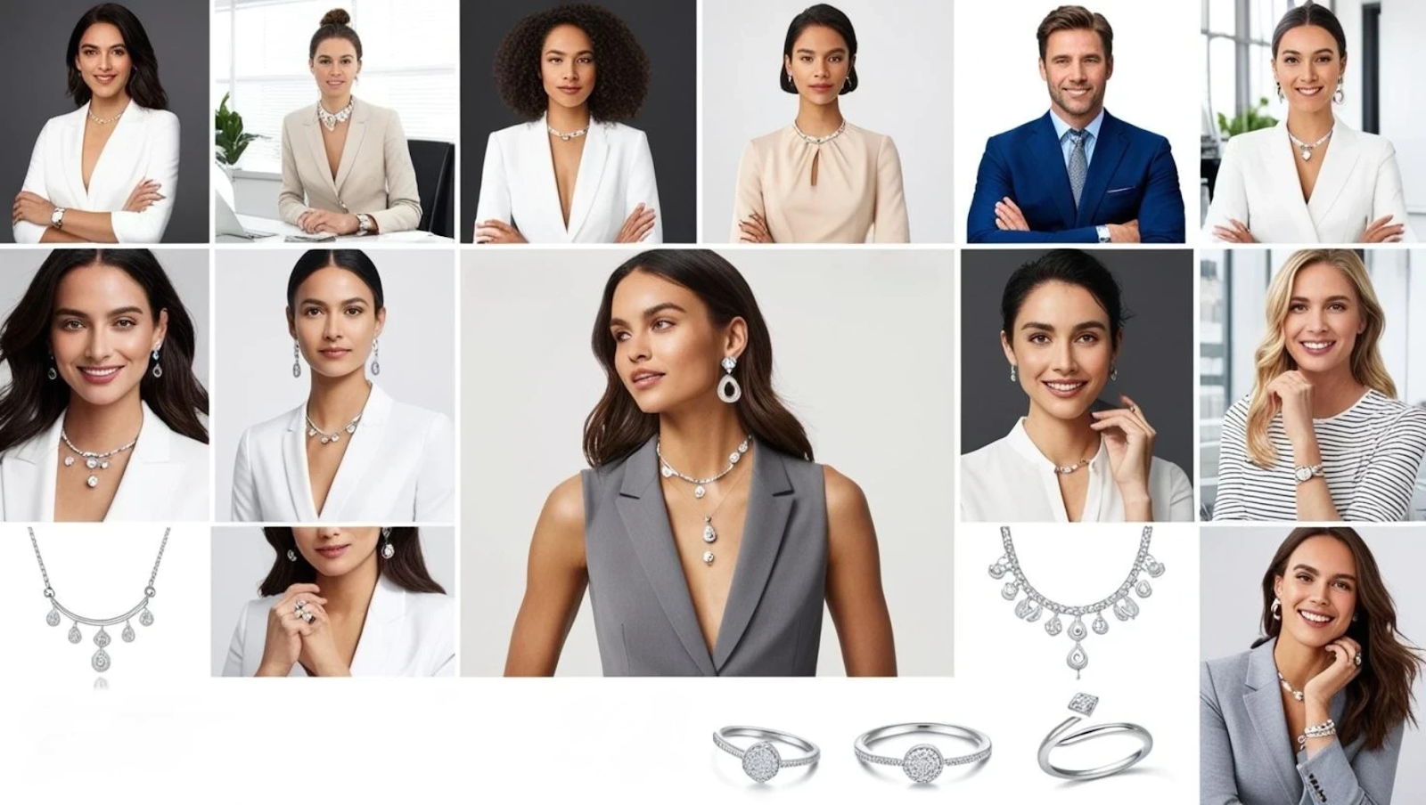 Collage of men and women in business attire showcasing various 925 Italy silver jewelry pieces including statement necklaces, earrings, rings, and bracelets suitable for professional and formal wear.