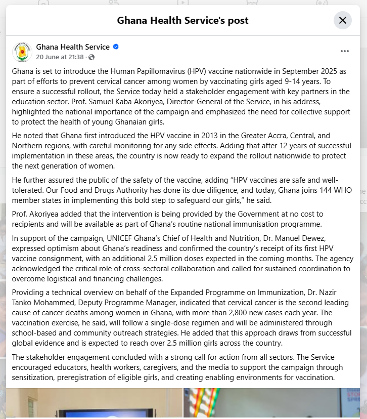 Ghana to vaccinate young girls against Human Papillomavirus (HPV)