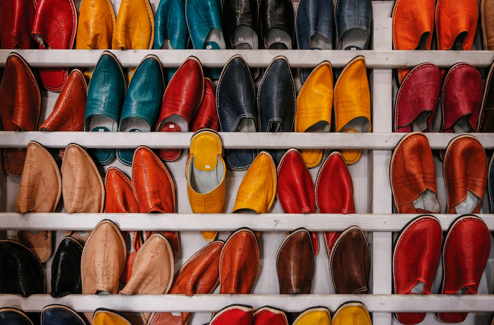 A variety of shoes neatly arranged on shelves, showcasing different styles and colors