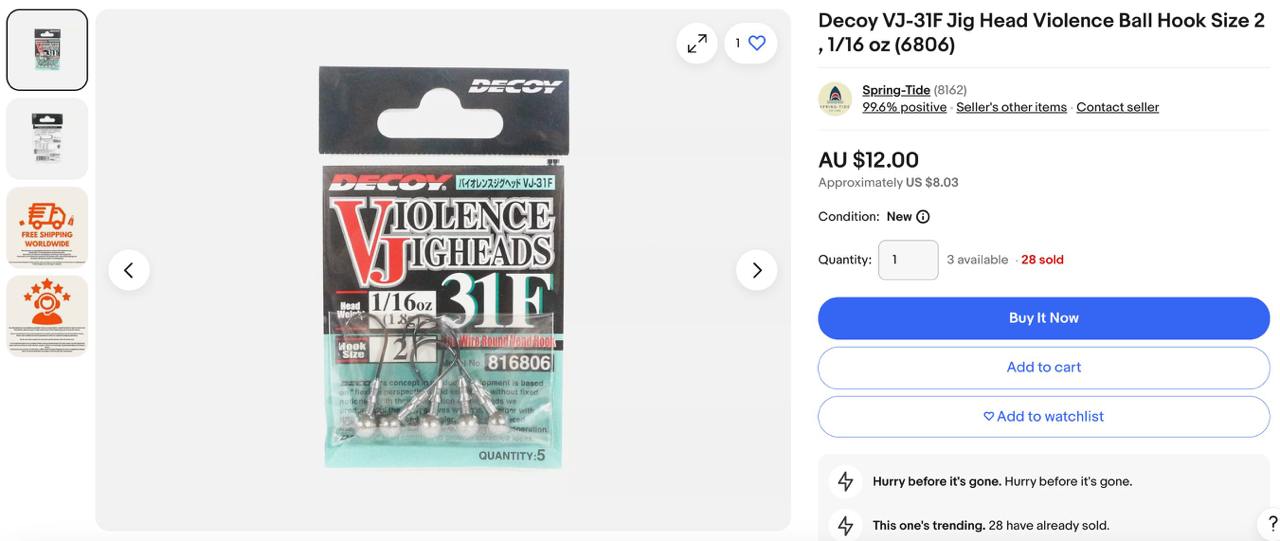 1.Decoy VJ-31F Jig Head Violence Ball Hook Size 2 , 1/16 oz (6806)