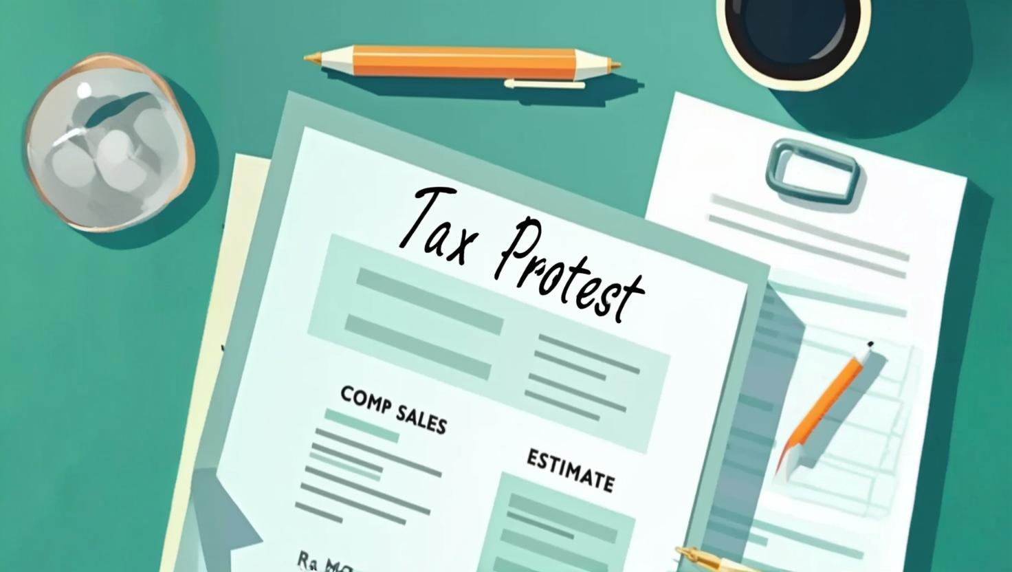 Organized collection of evidence for a property tax protest including documents and estimates