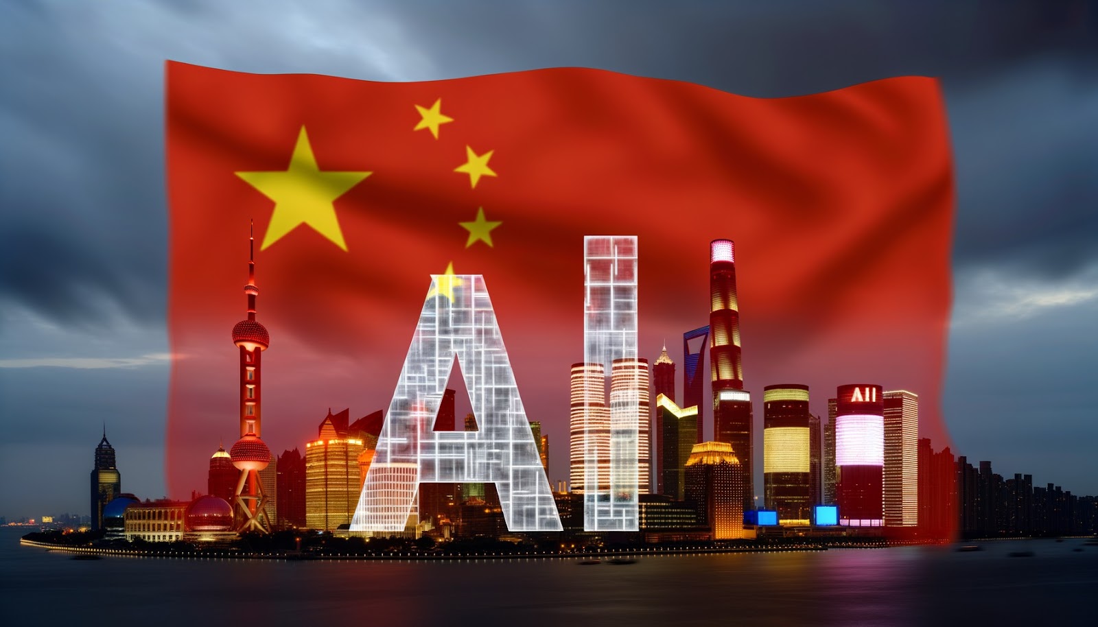 chinese flag with the city of shanghai in the background and digital letters ai somewhere over the flag