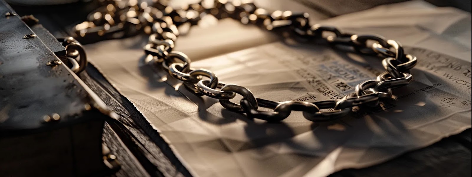 a polished, close-up view of a collection of custom metal chains displayed on a sleek, dark office desk, with an open care guide beside them, highlighting their intricate designs and craftsmanship under the soft, focused lighting of a modern workspace.