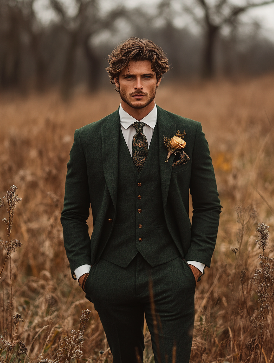 young men standing in Dark green suit, bold yet elegant, ideal for fall and winter weddings, set in a formal rustic or outdoor setting, blending seamlessly with the season’s natural tones, sophisticated and unique, paired with subtle accessories, perfect for standing out gracefully