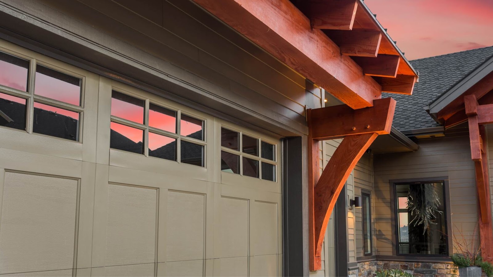 A garage door with reflective window tints