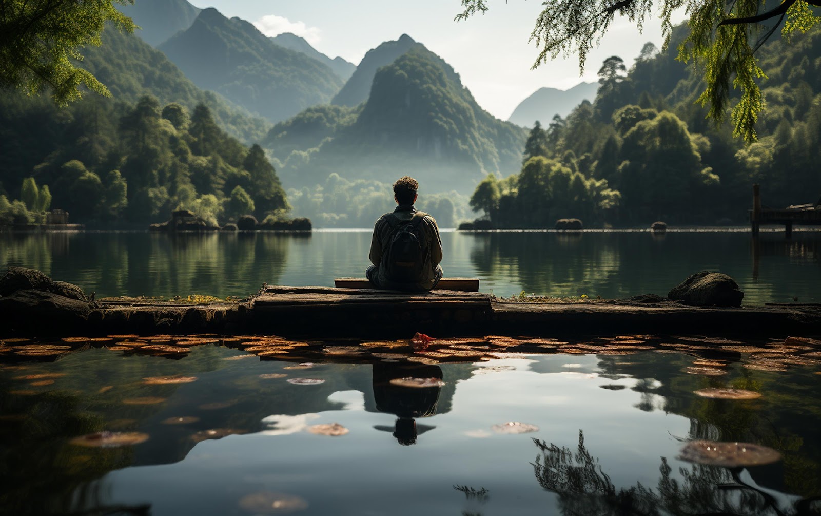 A person sitting on a log in front of a body of water

AI-generated content may be incorrect.