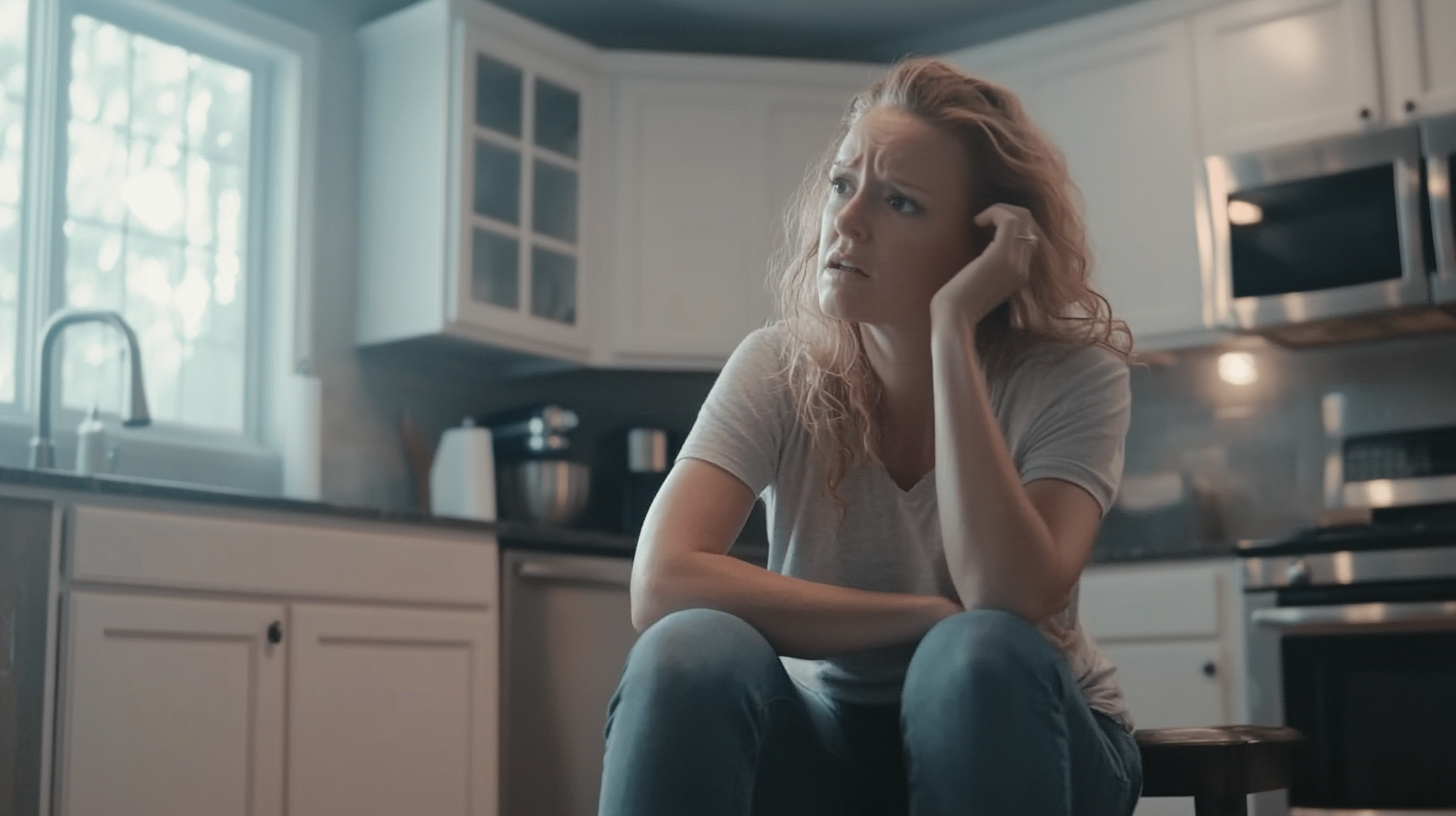 Frustrated woman sitting at the kitchen | Source: Midjourney