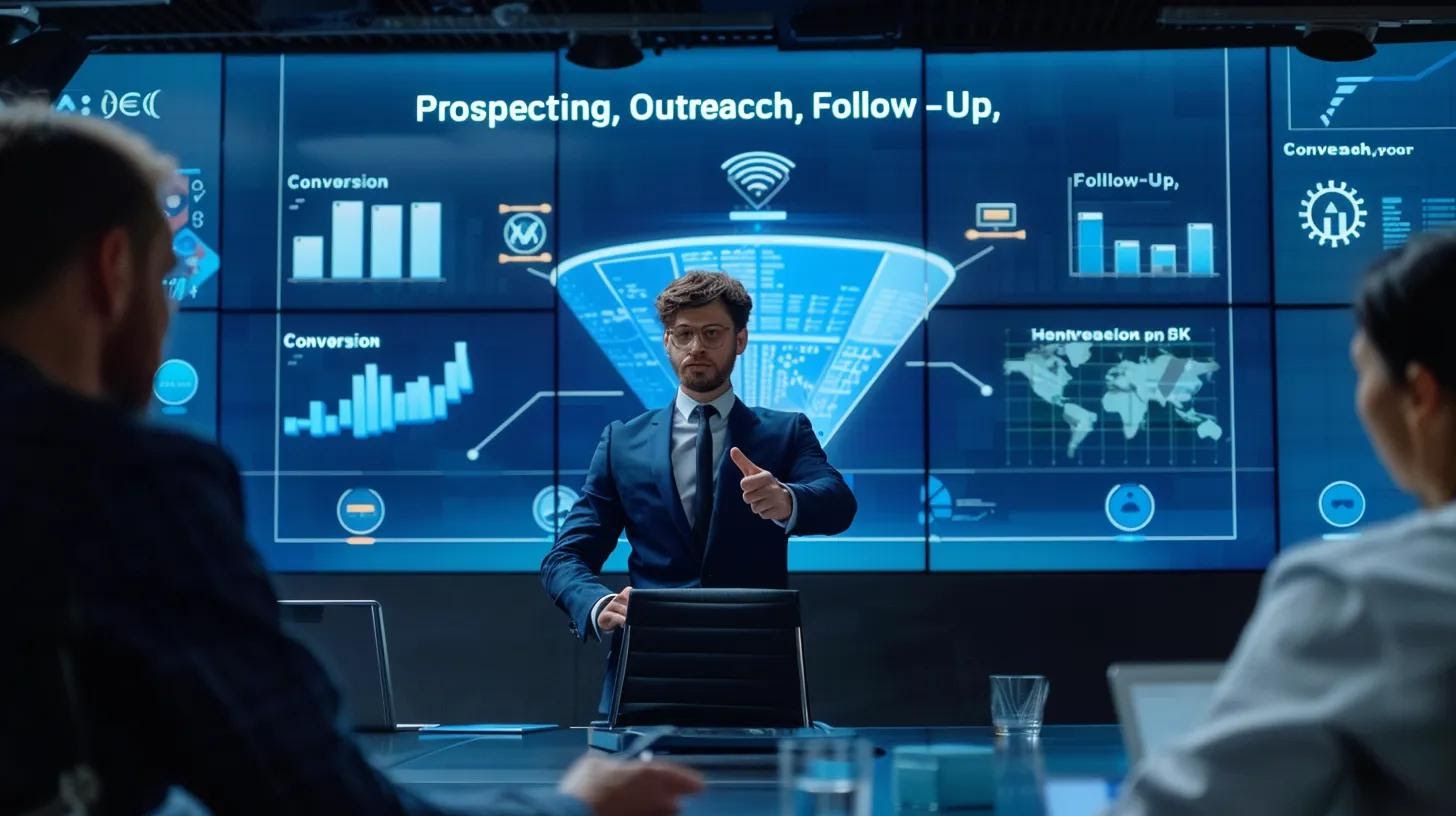 A digital strategist presenting an AI-enhanced outbound funnel on a large screen in a conference room. The funnel shows stages like “Prospecting,” “Outreach,” “Follow-Up,” and “Conversion” with AI icons or data overlays.