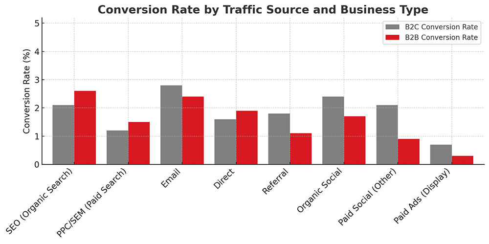 conversion rate by traffic source and business type