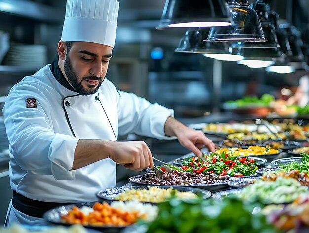 Chef Arranging Food on Buffet Table Realistic Photo