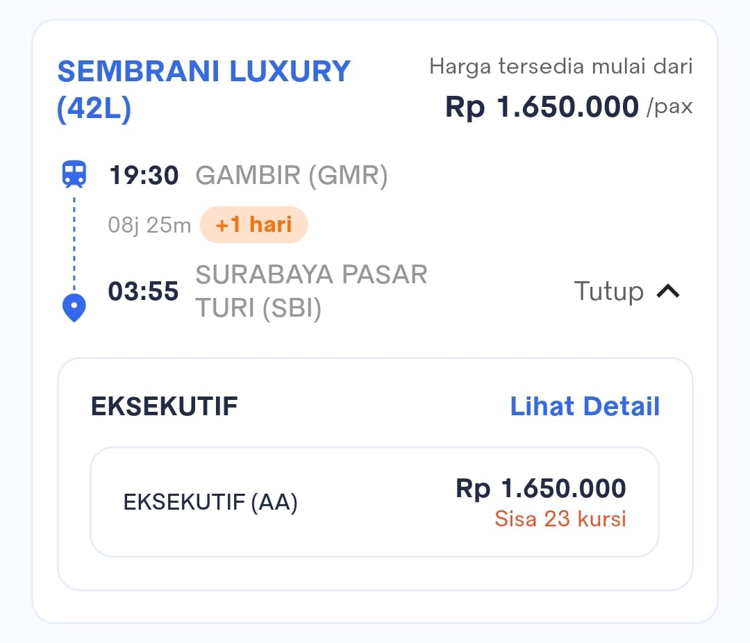 Harga Tiket KA Sembrani Luxury (42L) Gambir (GMR) — Surabaya Pasar Turi (SBI)
