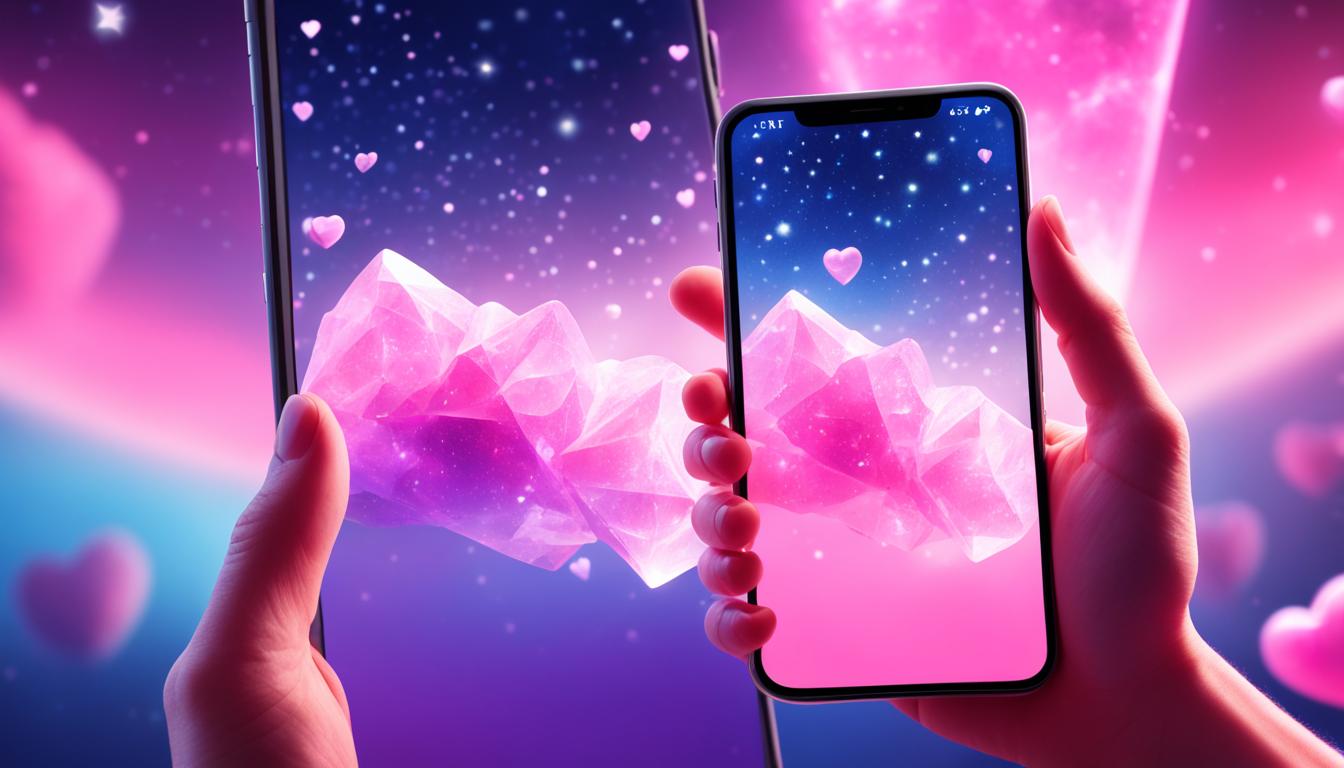 A hand holding a piece of rose quartz crystal over a smartphone screen, sending out a beam of pink energy towards a chat bubble filled with hearts and the name of the crush. The background should be a cosmic sky full of stars and a crescent moon.