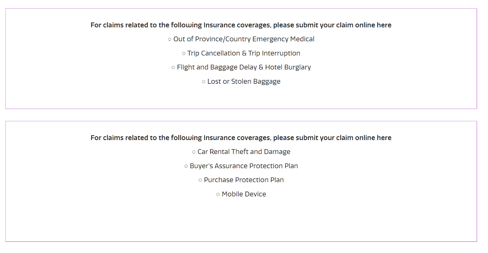 Amex travel insurance claims screen. 