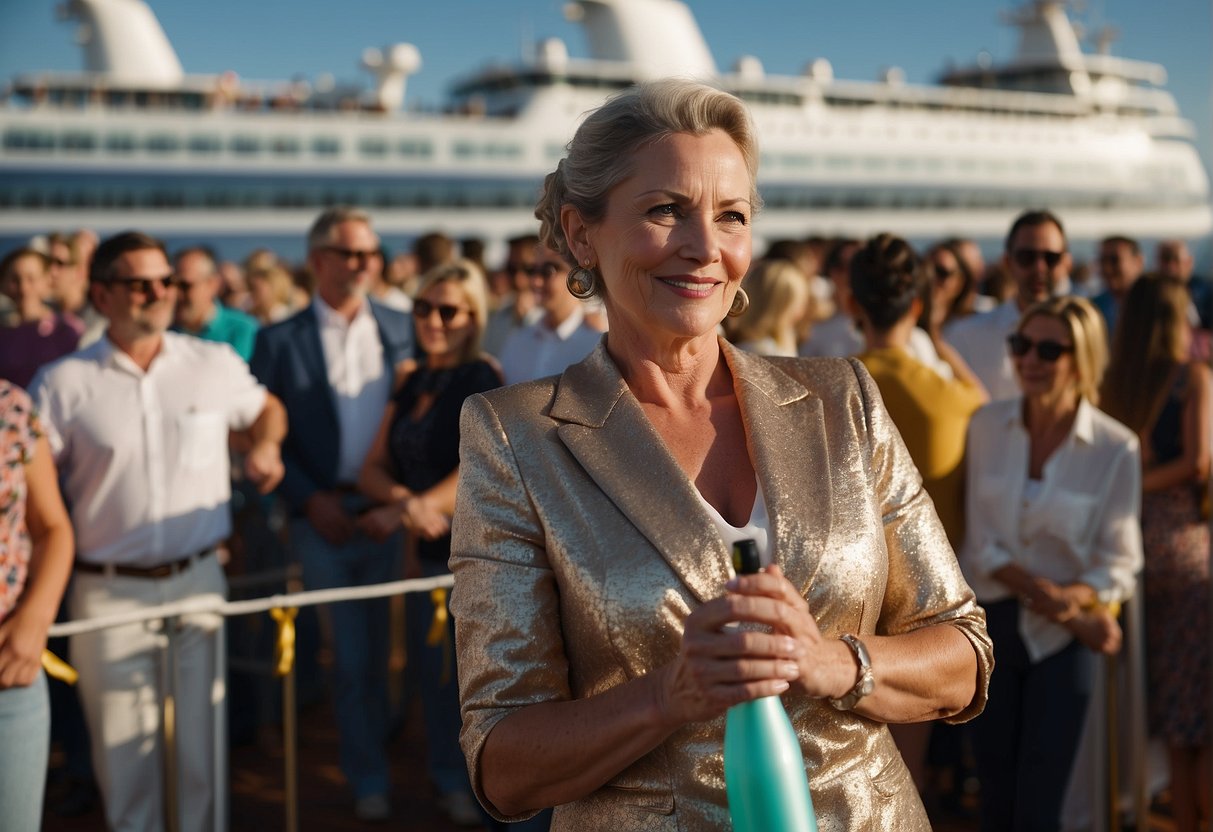 A cruise ship godmother stands on the ship's deck, holding a bottle of champagne. The ship is adorned with colorful ribbons and banners, and a crowd of onlookers gathers nearby