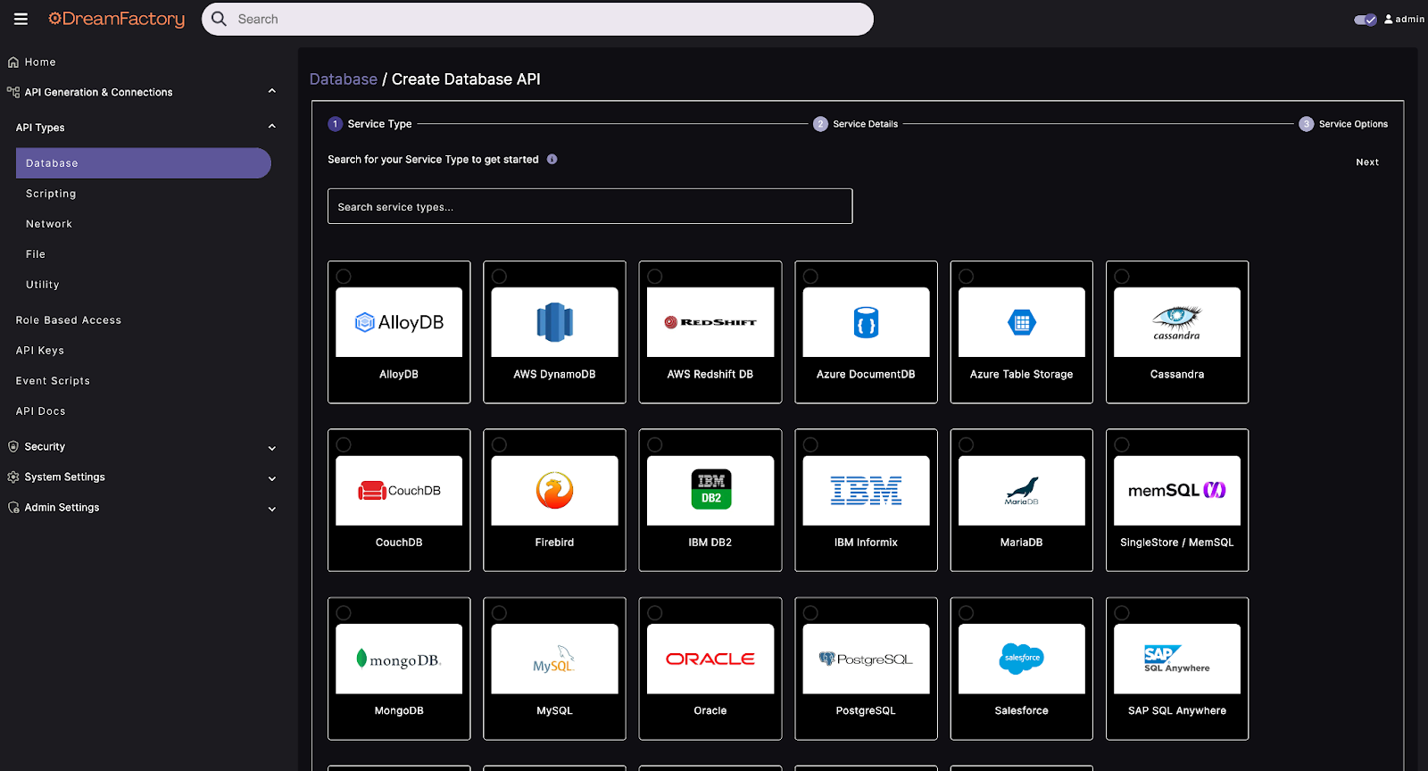 DreamFactory API database selections