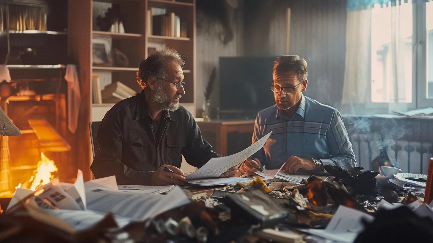 a focused office scene depicts a determined homeowner consulting with a knowledgeable insurance agent, surrounded by organized documents and images of fire damage, conveying the complexity and urgency of navigating the fire damage insurance claim process.