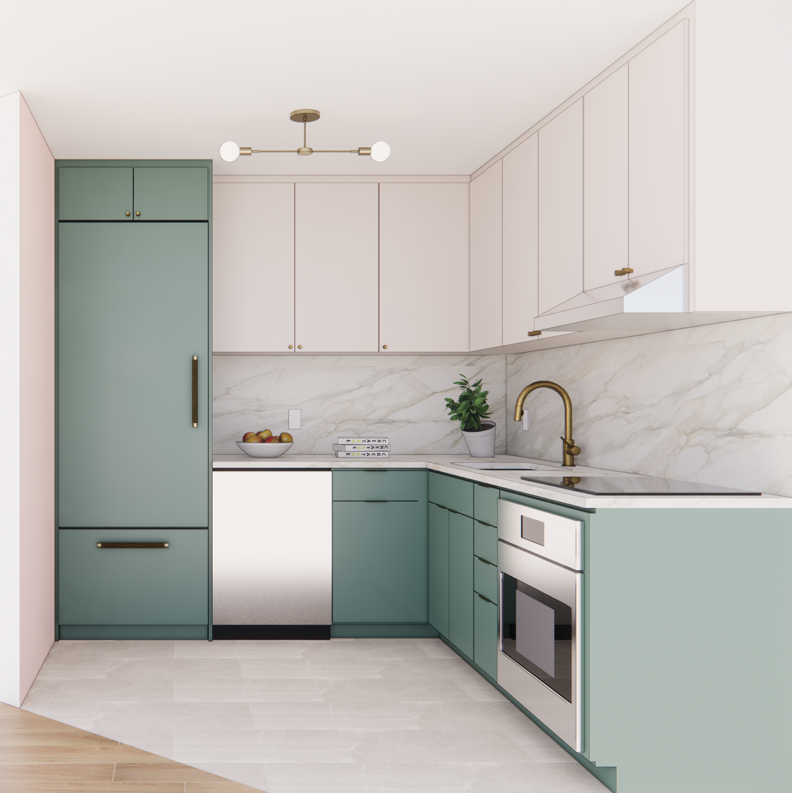 Mint green hidden fridge panel and lower cabinets contrast with the kitchen’s white upper cabinets.