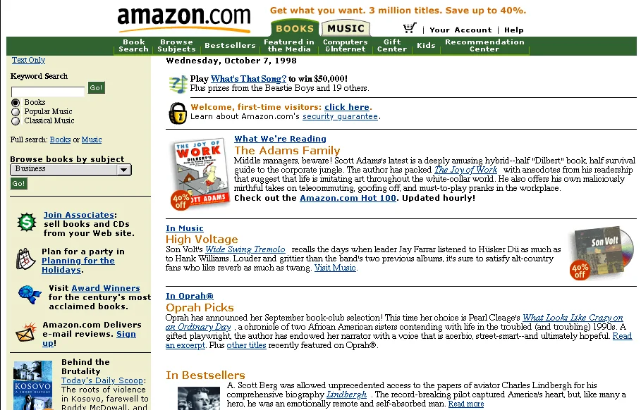 Amazon's 1990s website with basic navigation features.