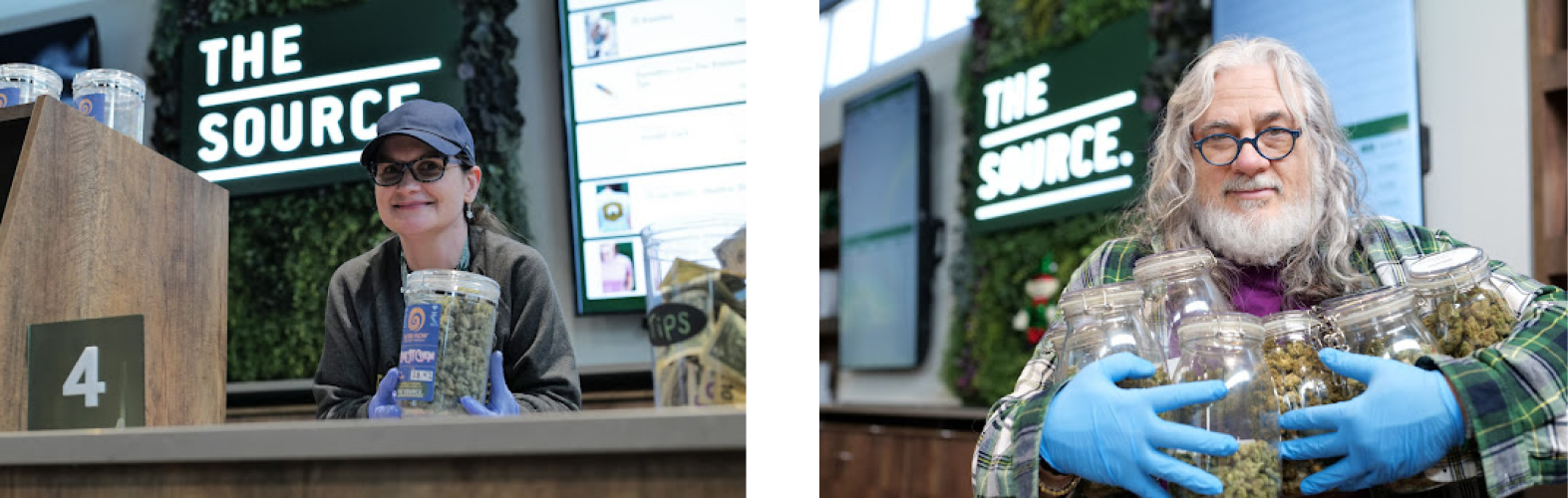 A young woman smiles at a budtending station while holding a jar of In The Flow’s Cake N Chem at The Source cannabis dispensary in Rogers, Arkansas. | A long, silver-haired gentleman with glasses and a white beard shows his love for cannabis, hugging several jars full of marijuana to his chest.