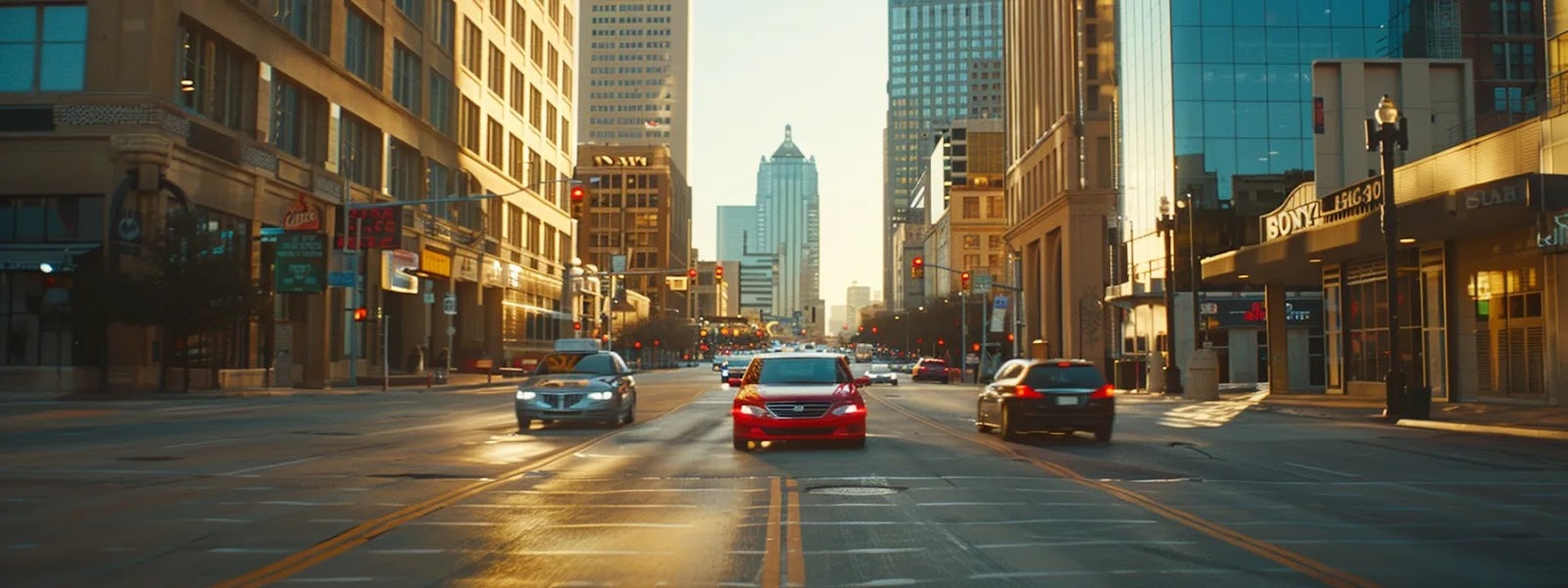 a car driving on a bustling street in oklahoma city, surrounded by skyscrapers and traffic, symbolizing the complex factors influencing auto insurance rates in the city.