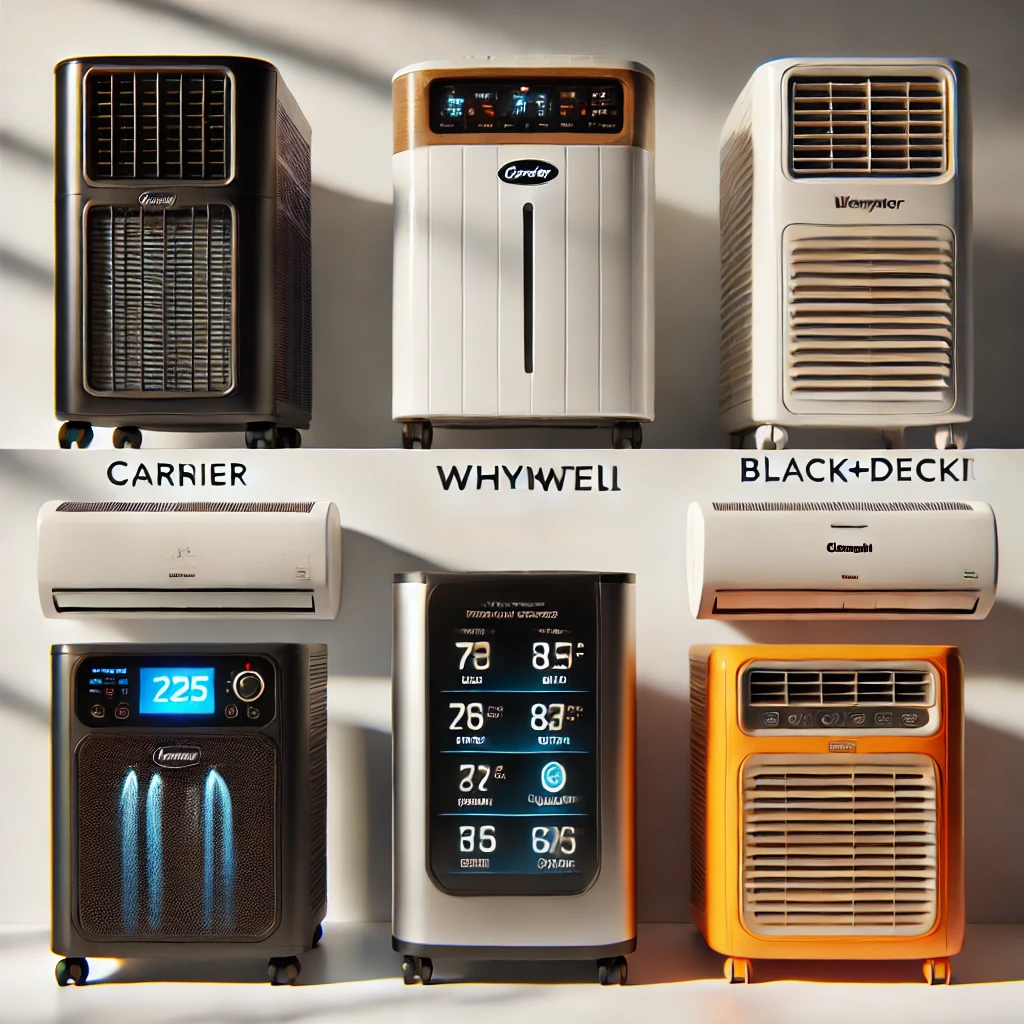 Side-by-side photos of top-rated 2025 portable AC models from Carrier, Whynter, Honeywell, BLACK+DECKER, and DeLonghi.