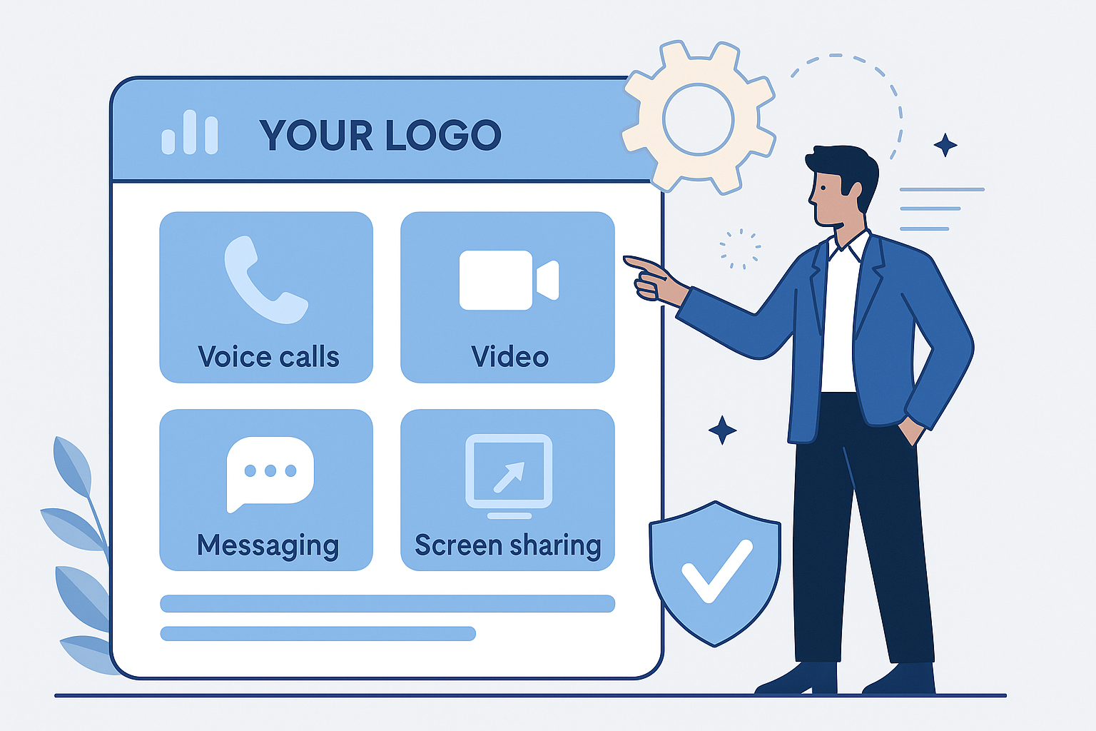A unified communications dashboard showing voice, video, and messaging tools integrated into one white-label platform.