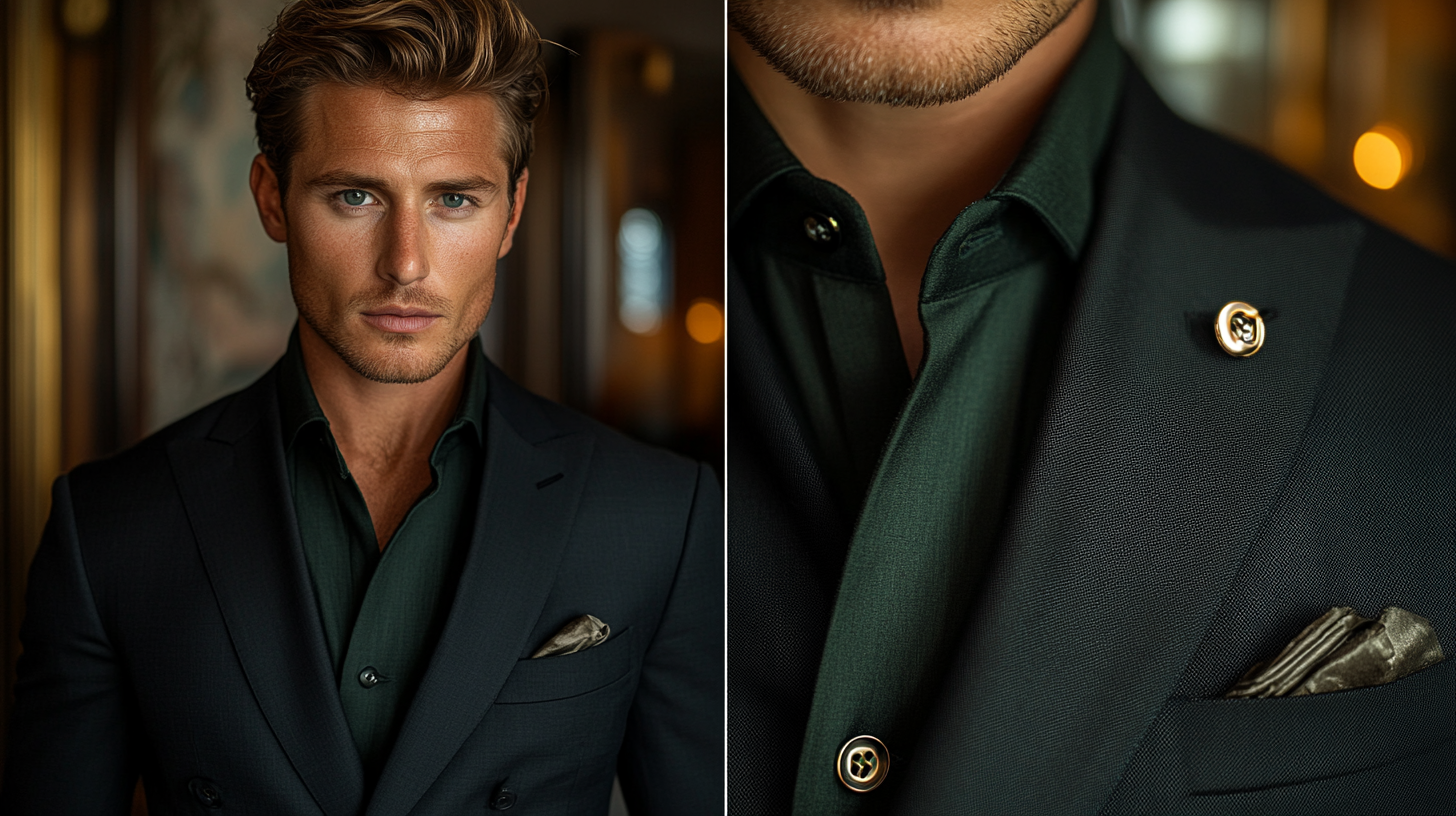 A split-screen image: On the left, a man in a black suit with a dark green shirt, adding a unique but sophisticated touch. The background is a semi-formal event, like a cocktail party or dinner, with soft lighting to highlight the distinctive color combination. On the right, a close-up of the dark green shirt’s fabric, with smooth folds and a tucked collar under the black suit. Earthy tones, ultra-detailed, 8K resolution.