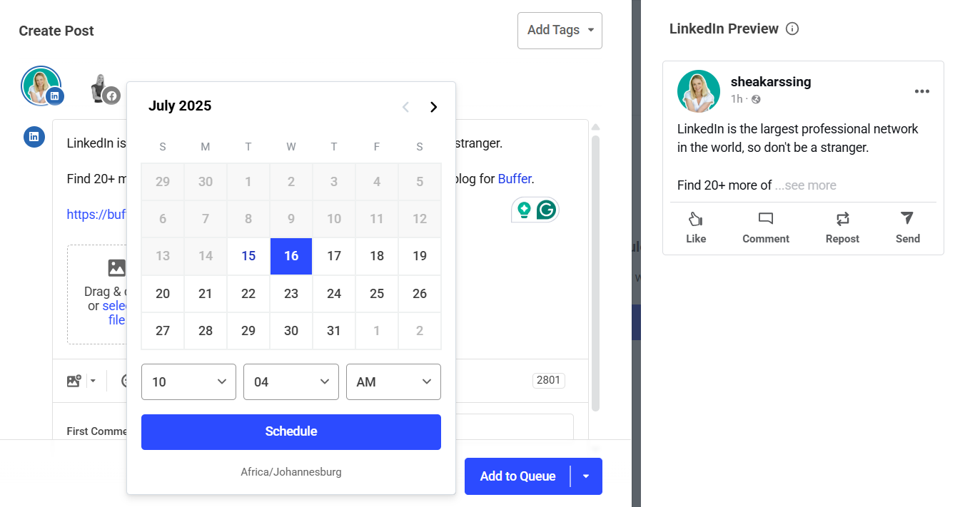 screenshot of the linkedin scheduling options in buffer