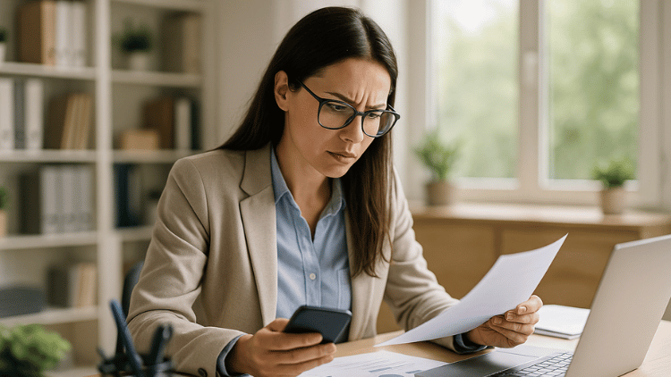 A professional bookkeeper sits at her desk reviewing emails and financial documents, appearing frustrated by delays and follow-ups, representing the inefficiency of manual document collection before using pre-accounting software.