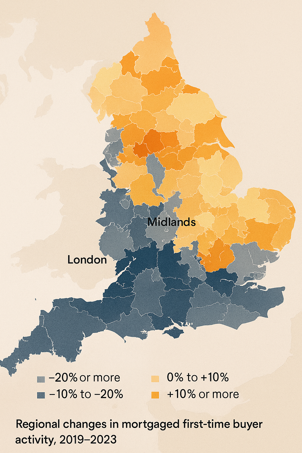 Choropleth map showing housing affordability and transaction activity across London, Midlands, and Northern England (2023 data).