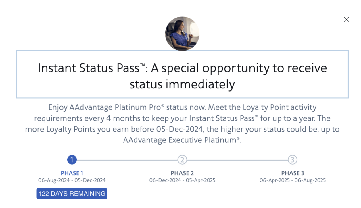 Example of the status of participation in the Instant Status Pass program