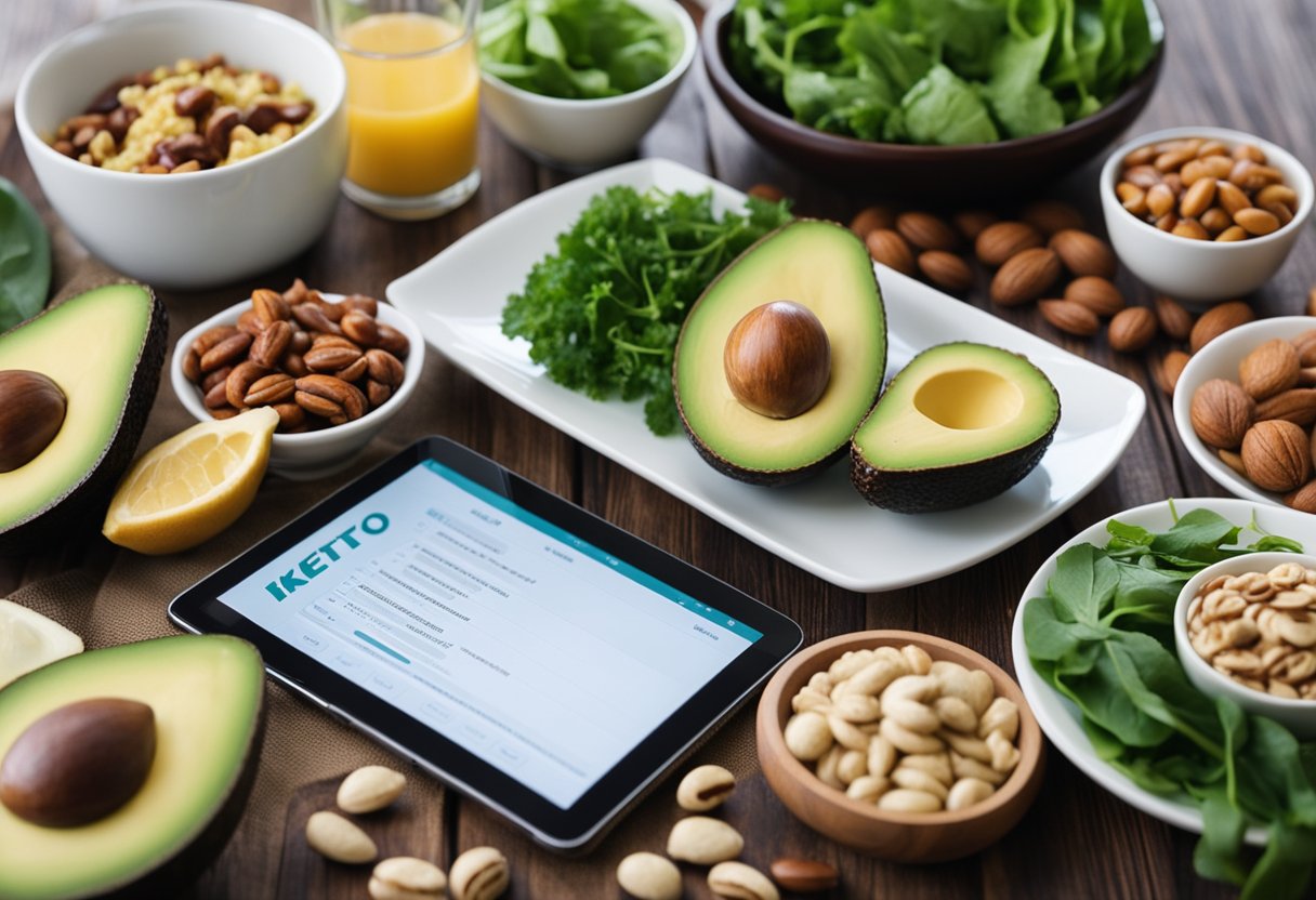 A table filled with keto-friendly foods, such as avocados, nuts, and leafy greens. A senior reading a keto diet plan on a tablet