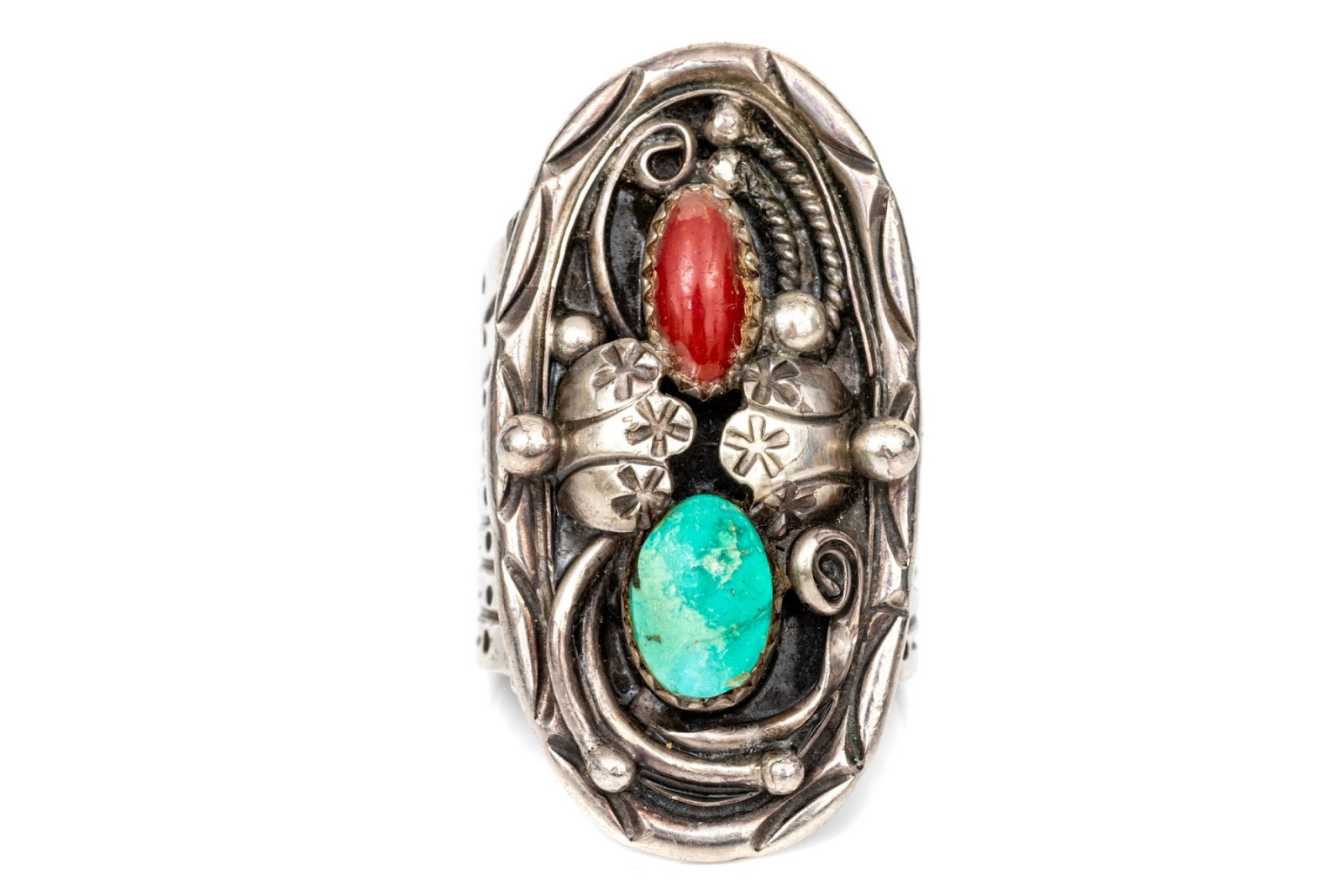 Navajo Dorthy Secatero Sterling Silver Impactful Turquoise And Coral Twin Ring, Size 12