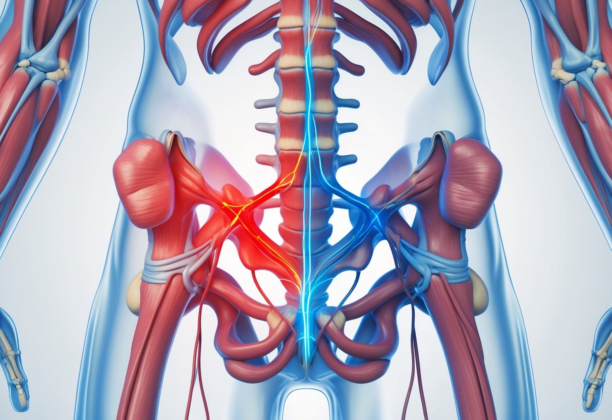 Anatomisk bild av bäckenområdet som visar pudendusnerven och piriformismuskeln i kroppen.