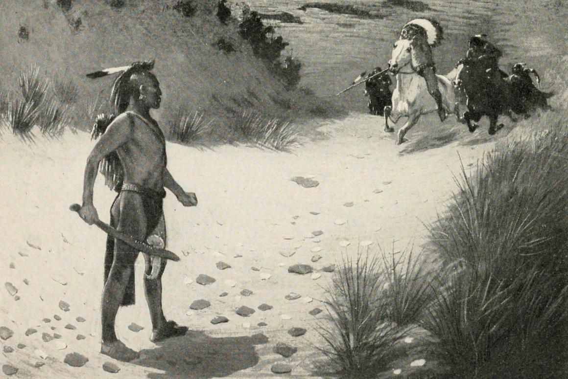 An illustration of a Pawnee warrior facing off multiple men coming towards him while riding a horse.