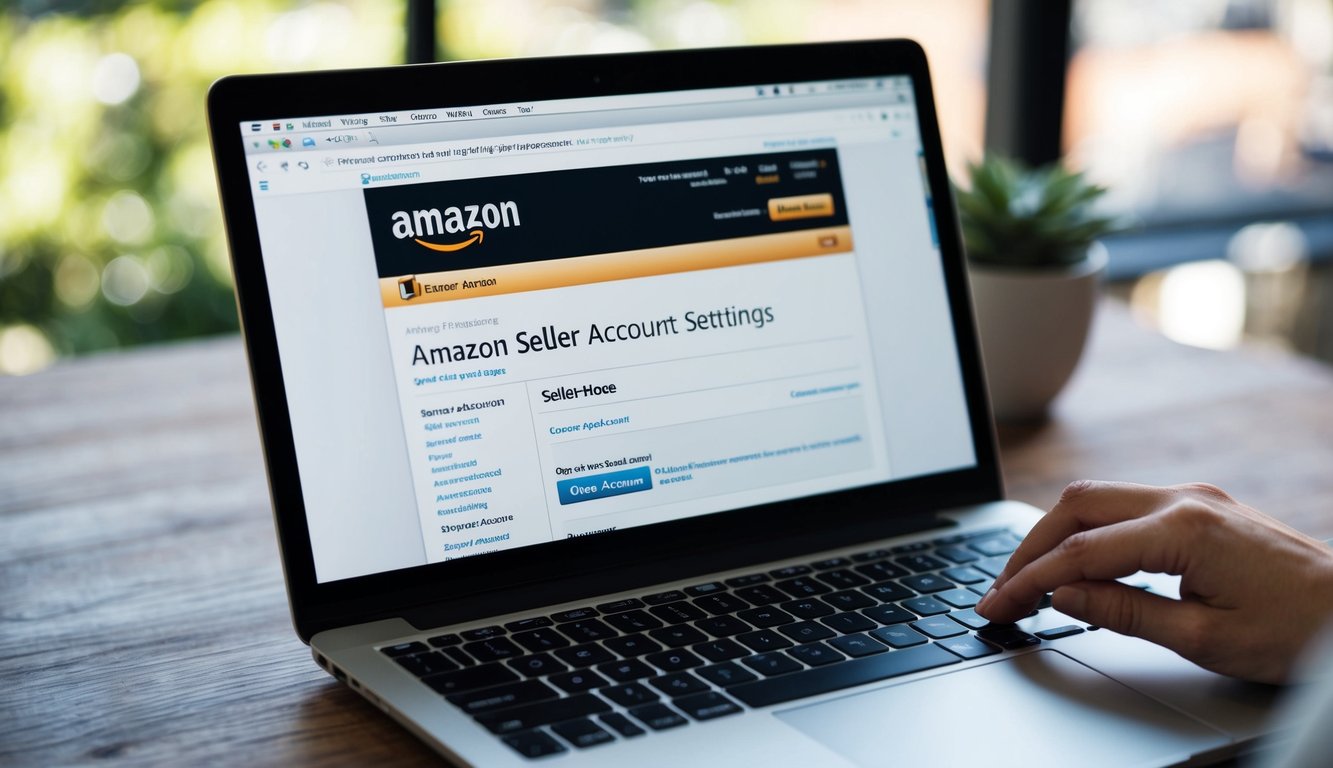 A laptop with an open web browser displaying the Amazon seller account settings page, with a cursor hovering over the "Close Account" button