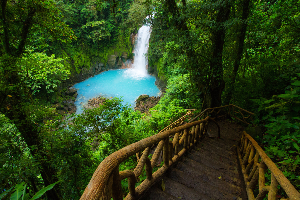 A beholding sight to stairs trail and Rio Celeste Waterfall.