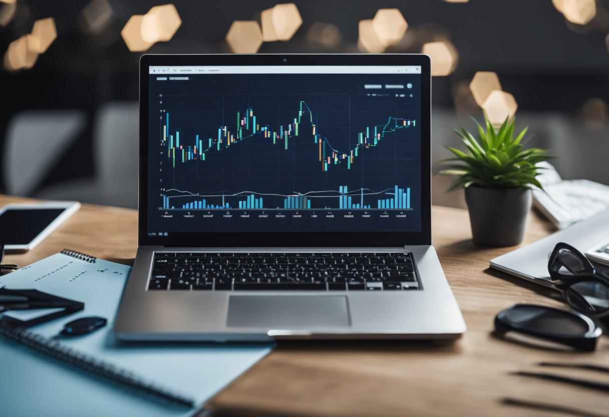 A laptop displaying a graph with a sharp upward trend, surrounded by various marketing and SEO tools