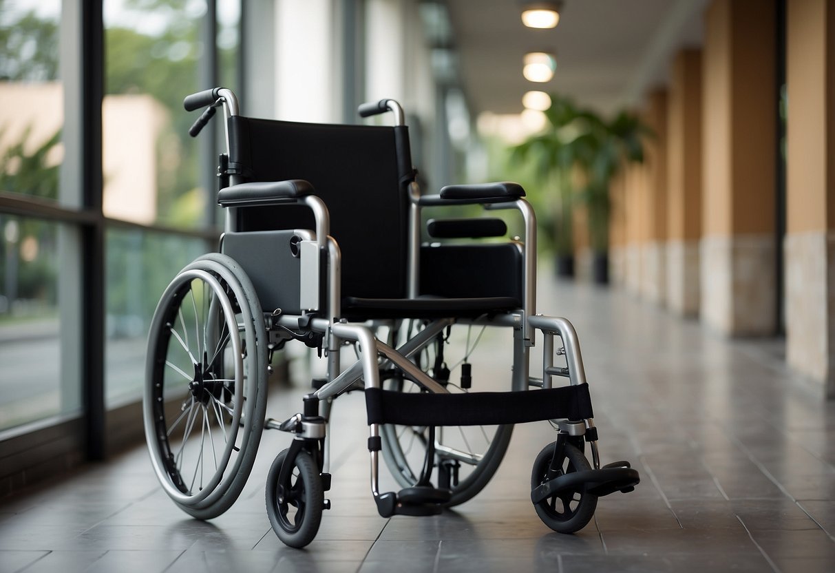 A wheelchair next to a standing frame, with a reacher and grabber on a table. A walker and a cane leaning against the wall