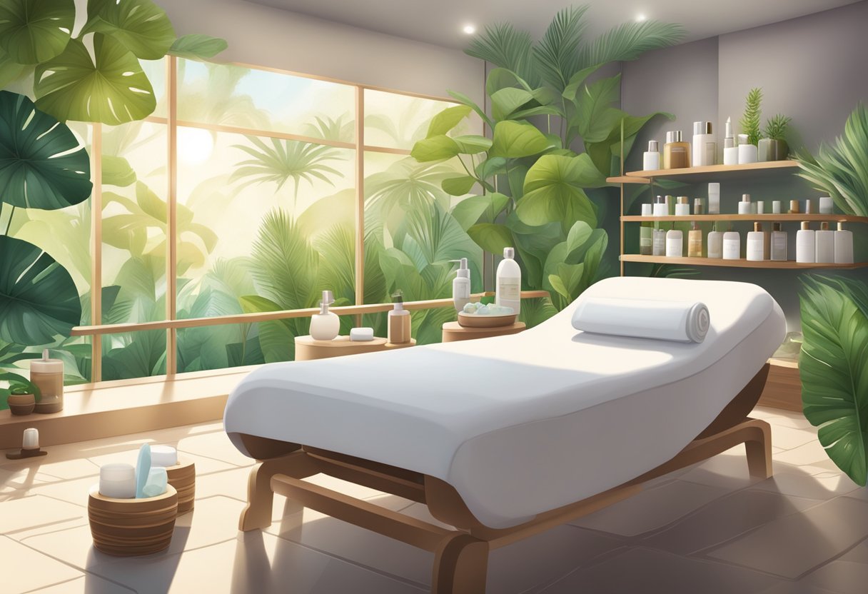 A serene spa setting with various skincare products and equipment, including facial masks, serums, and laser machines, surrounded by lush greenery and soft lighting