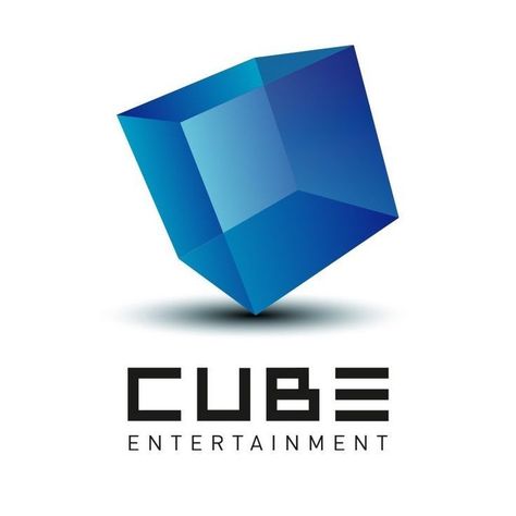 This may contain: the cube entertainment logo is blue and has an abstract shape with black letters on it